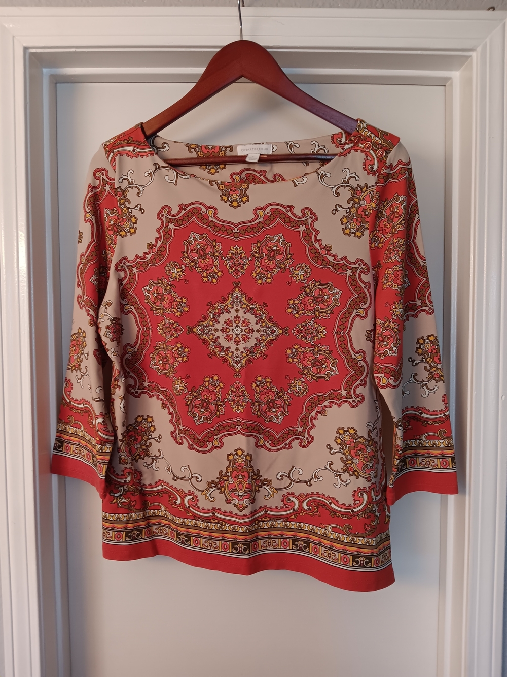 Charter Club Women's Red and Cream Medallion Print Blouse